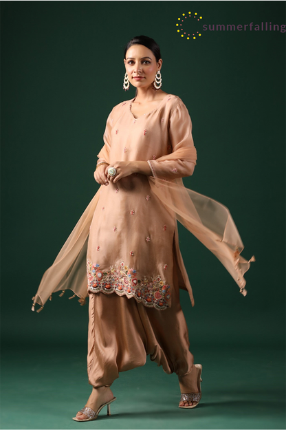 SummerFalling-Beige Organza Silk Kurta Set