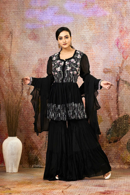 SummerFalling-Black Embellished Pure Crepe Silk Sharara Set