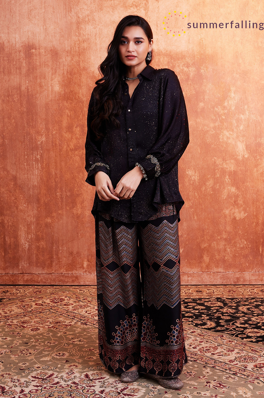 SummerFalling-Black Ajrakh Printed Habutai Silk Co-Ord Set