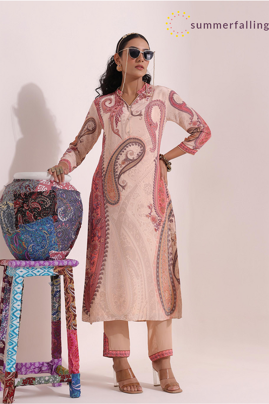 SummerFalling-Beige Traditional Printed Crepe Silk Pants Set