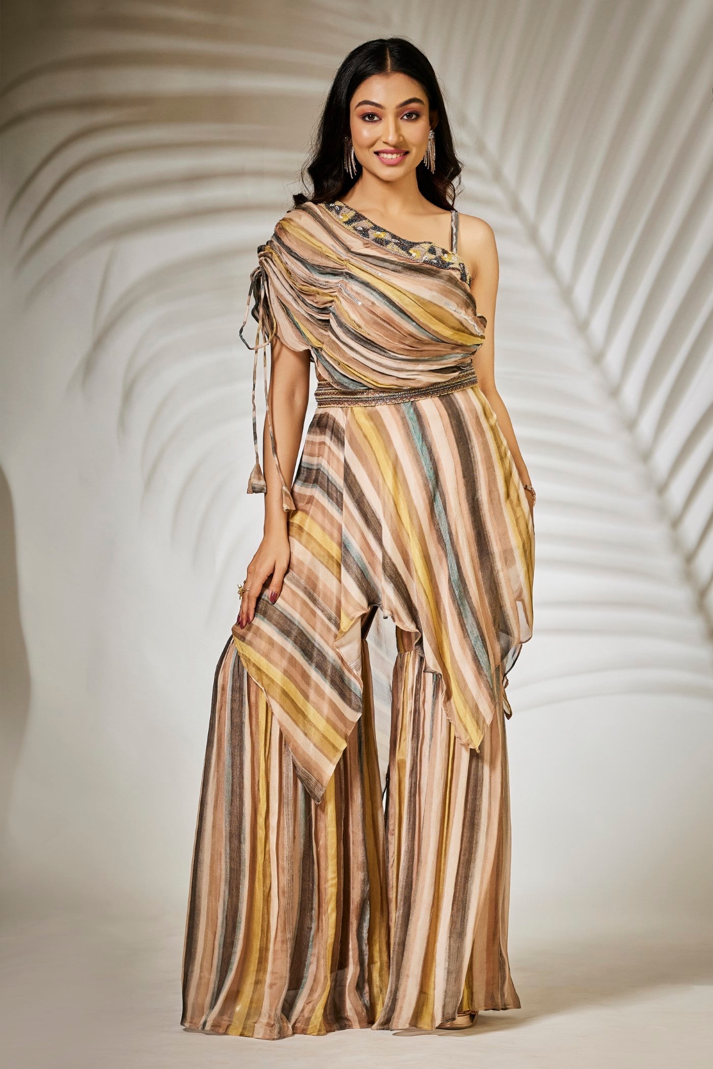 SummerFalling-Beige Striped Pure Chinnon Tunic with Sharara