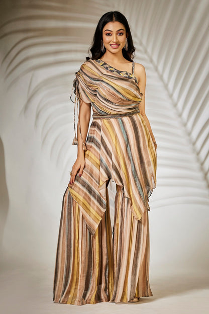SummerFalling-Beige Striped Pure Chinnon Tunic with Sharara