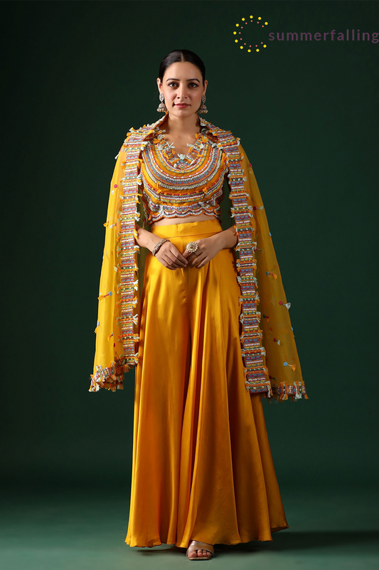 SummerFalling-Amber Yellow Embellished Cape Set