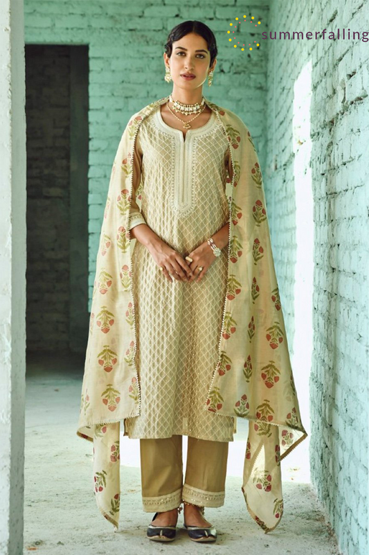 SummerFalling-Beige Embroidered Chanderi Silk Kurta Set