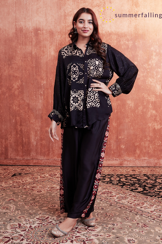 SummerFalling-Black Ajrakh Printed Habutai Silk Co-Ord Set