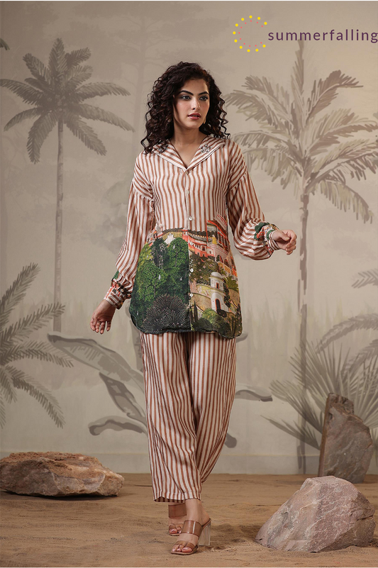 SummerFalling-Beige Stripe Printed Muslin Silk Co-Ord Set