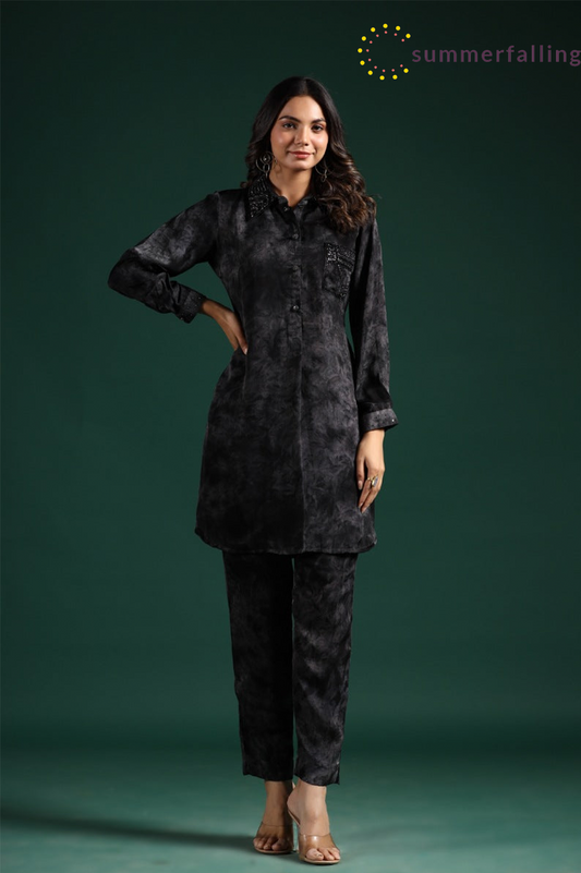 SummerFalling-Black Embellished Premium Habutai Silk Pants Set