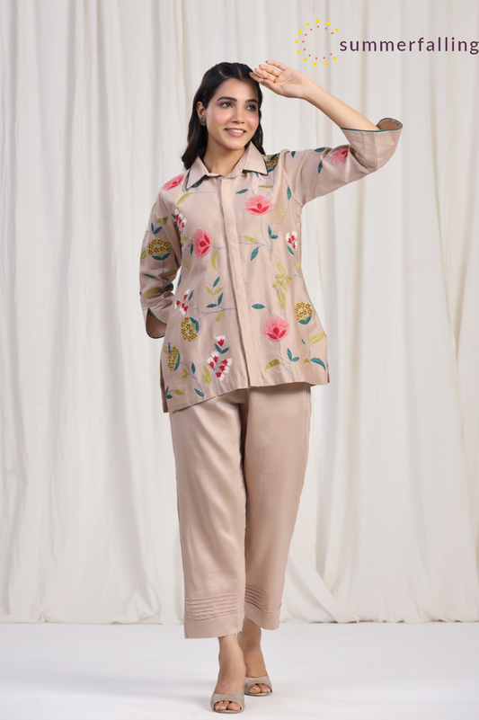 SummerFalling-Beige Chanderi Silk Embroidered Co-ord Set