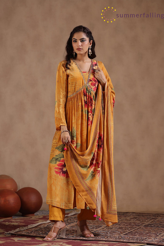 SummerFalling-Amber Yellow Floral Printed Crepe Silk Anarkali Set