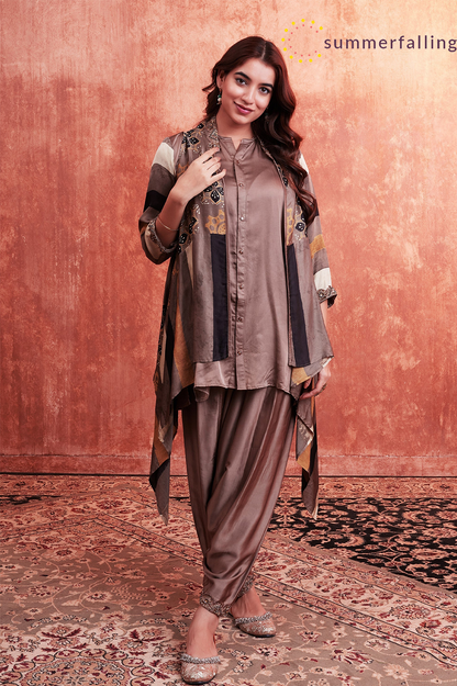 SummerFalling-Beige Ajrakh Printed Habutai Silk Cape Suit Set