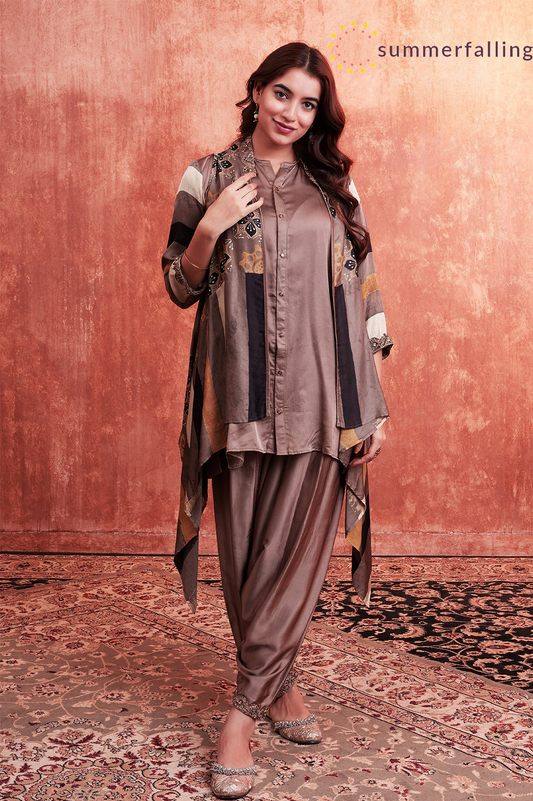 SummerFalling-Beige Ajrakh Printed Habutai Silk Cape Suit Set