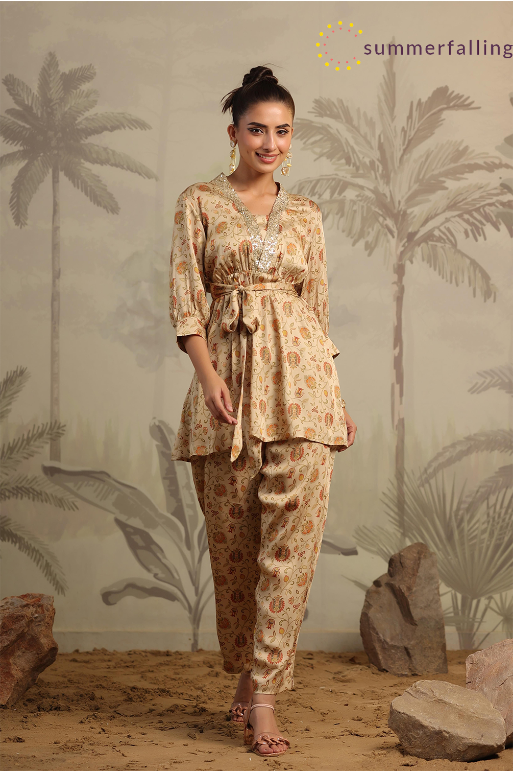 SummerFalling-Beige Chintz Printed Satin Silk Co-Ord Set