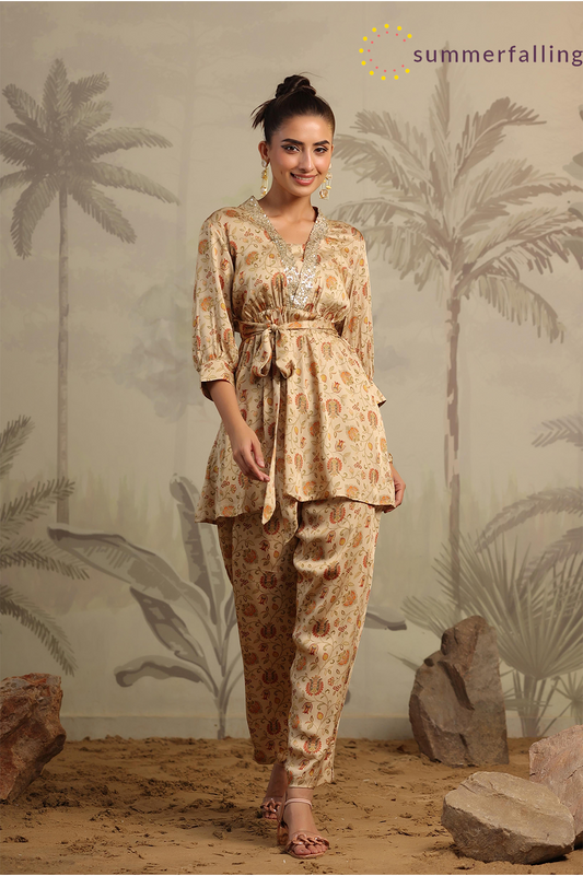 SummerFalling-Beige Chintz Printed Satin Silk Co-Ord Set