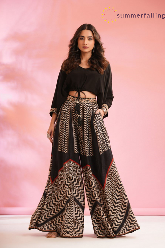 SummerFalling-Black Chevron Palazzo Pants with Crop Top