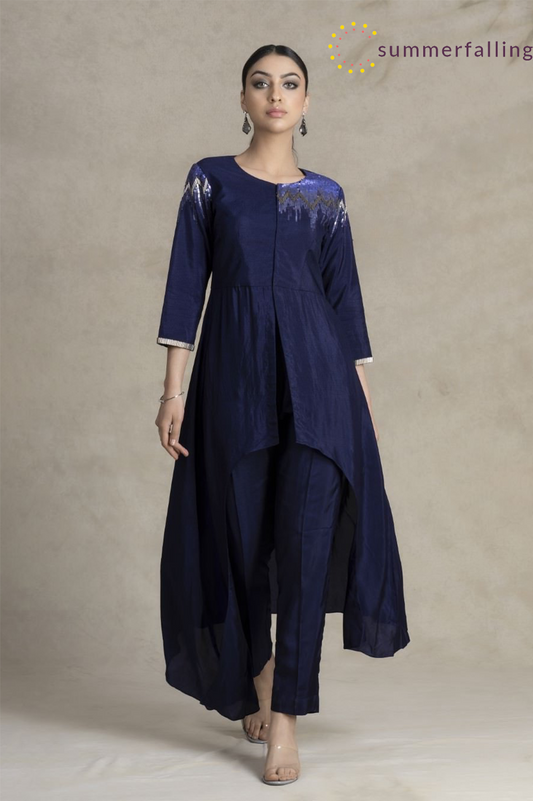 SummerFalling-Asymmetrical Violet German Silk Kurta Pant Set