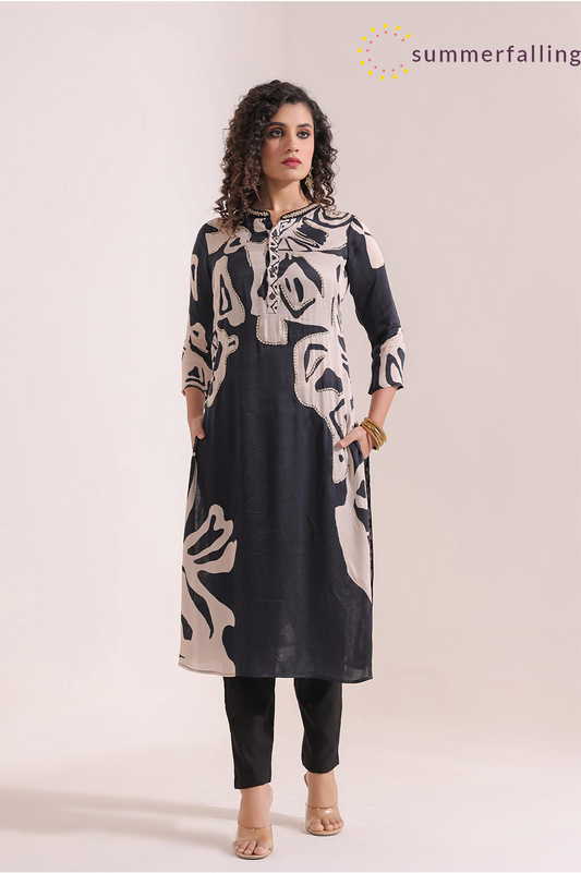 SummerFalling-Black Digital Printed Bamberg Satin Silk Pant Set