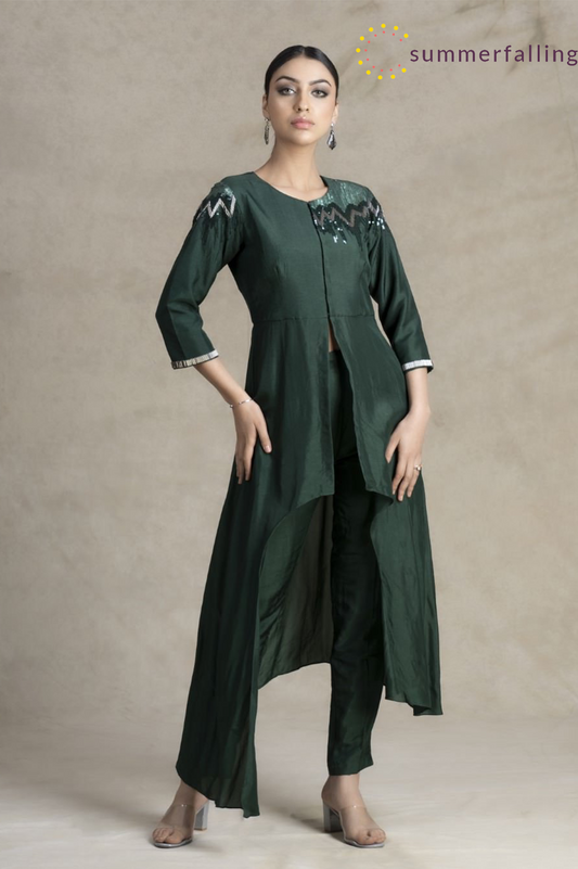 SummerFalling-Asymmetrical Deep Green German Silk Kurta Pant Set