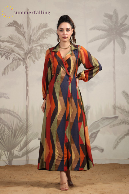 SummerFalling-Abstract Printed A-Line Spanish Silk Dress