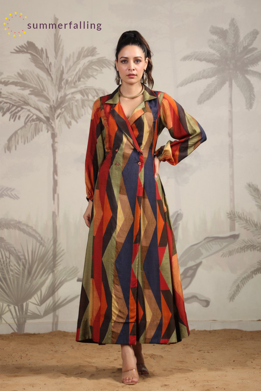 SummerFalling-Abstract Printed A-Line Spanish Silk Dress