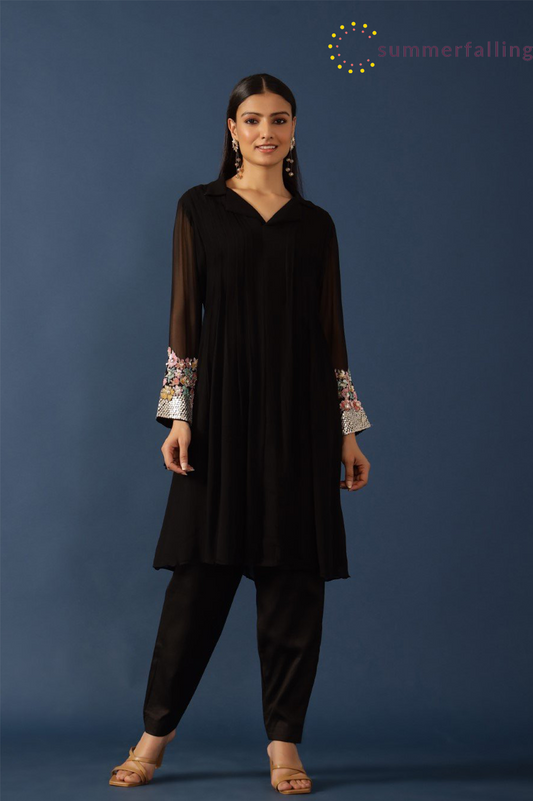 SummerFalling-Black Embellished &amp; Pleared Tunic with Pants