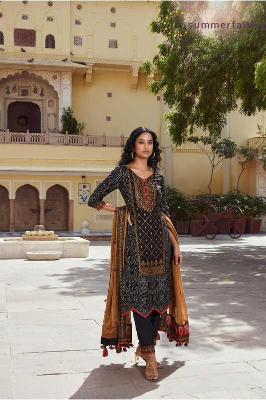 SummerFalling-Black Bandhej Printed Tussar Silk Pants Set