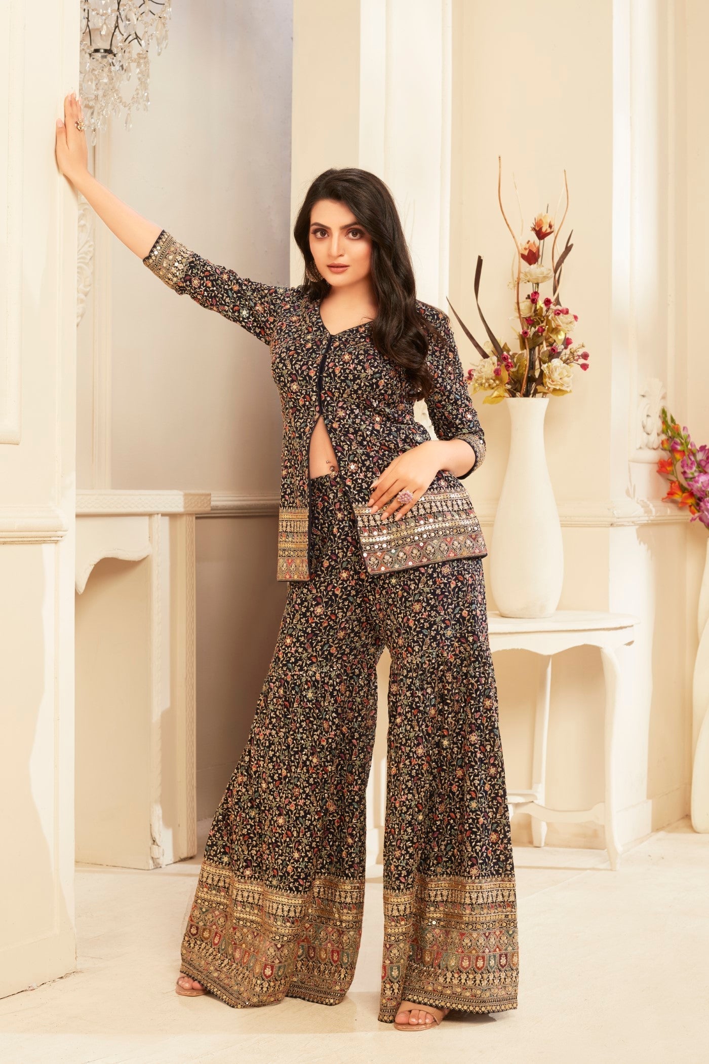 SummerFalling-Black Embroidered Banarasi Silk Cape Set