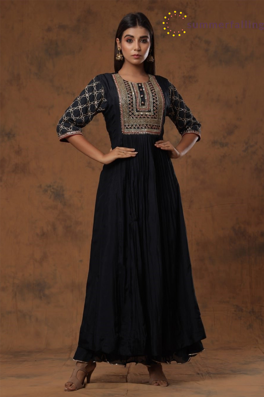 SummerFalling-Black Chanderi Silk Kalidar  Kurti With Embroidery