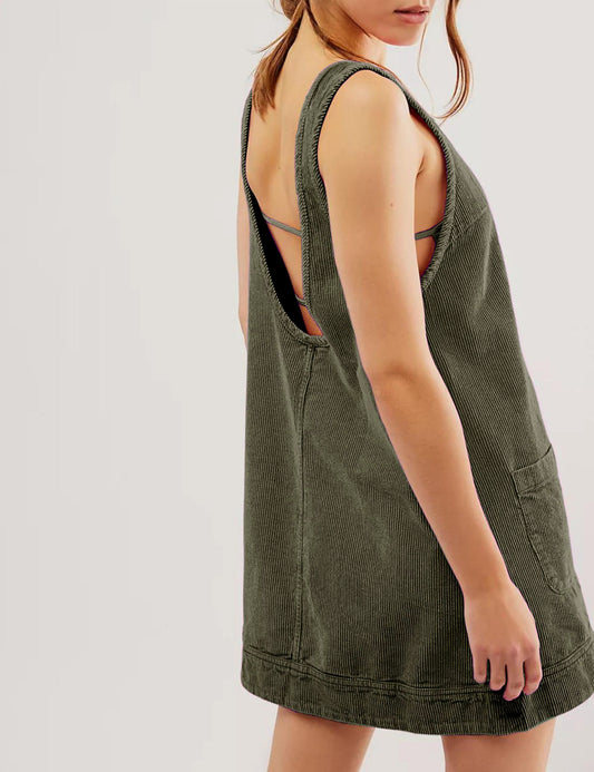 Corduroy Overall Dress For Women Round Neck Skirtall Jumper A Line Mini Romper Pinafore With Pockets