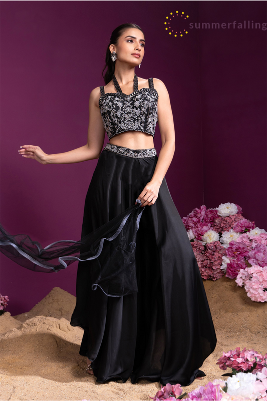 SummerFalling-Black Embellished Crepe Silk Palazzo Set