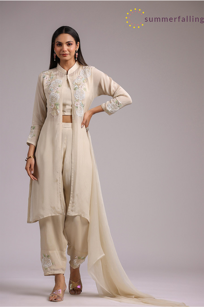 SummerFalling-Beige Gold Floral Embroidered Chinon Silk Cape Set
