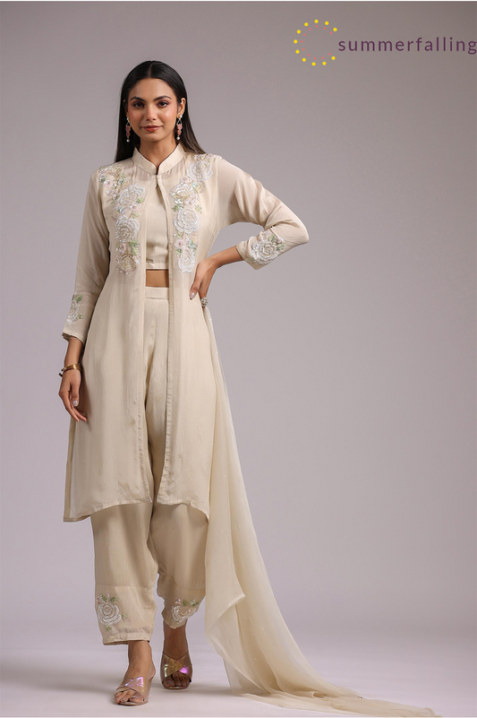 SummerFalling-Beige Gold Floral Embroidered Chinon Silk Cape Set