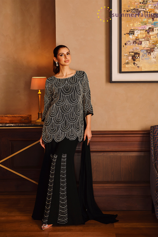 SummerFalling-Black Embellished Premium Georgette Silk Sharara Set