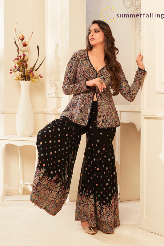 SummerFalling-Black Embellished Oasis Silk Cape Set.