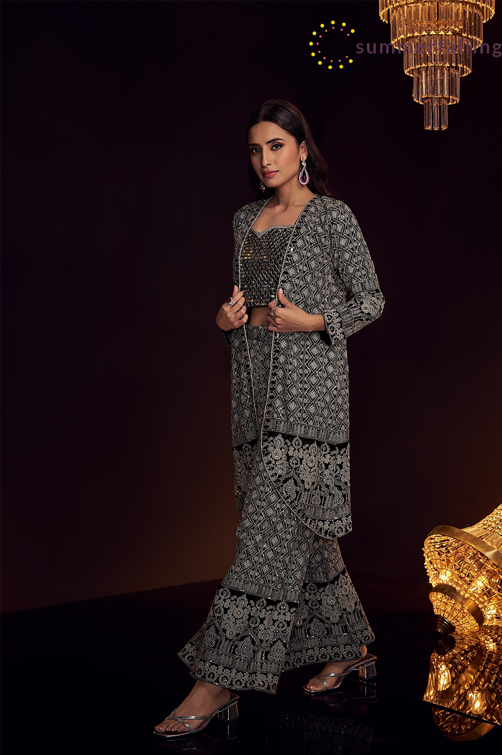 SummerFalling-Black Chic Chikankari Embroidered Georgette Silk Cape Set
