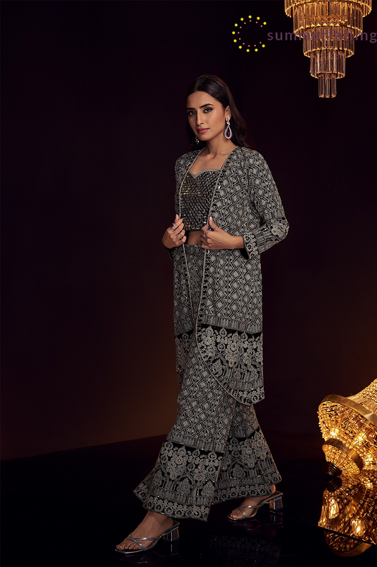 SummerFalling-Black Chic Chikankari Embroidered Georgette Silk Cape Set