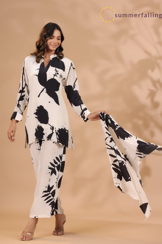 SummerFalling-Black &amp; White Printed Crepe Silk Co-ord Set