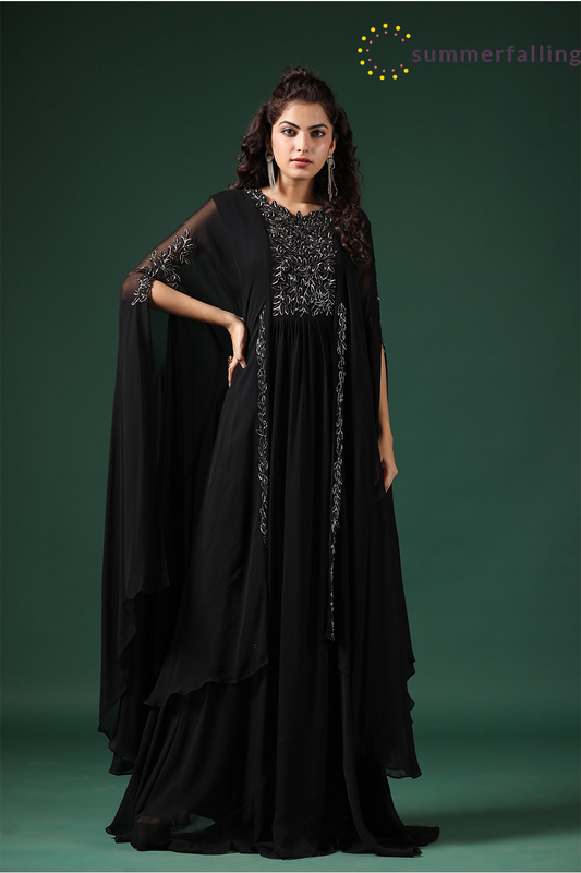 SummerFalling-Black Embellished Crystal Georgette Silk Cape Gown