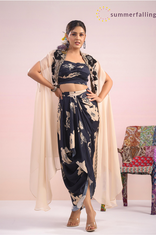 SummerFalling-Black Digital Printed Premium Organza Silk Cape Set