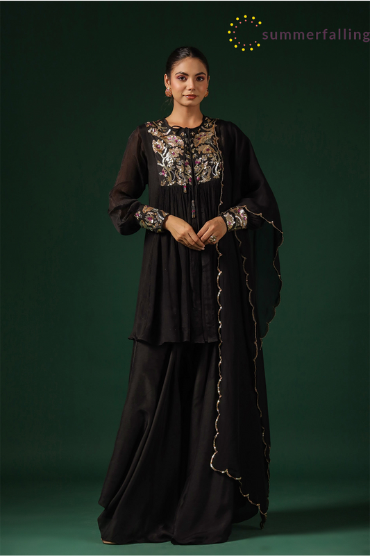SummerFalling-Black Embellished Premium Chinon Silk Skirt Set