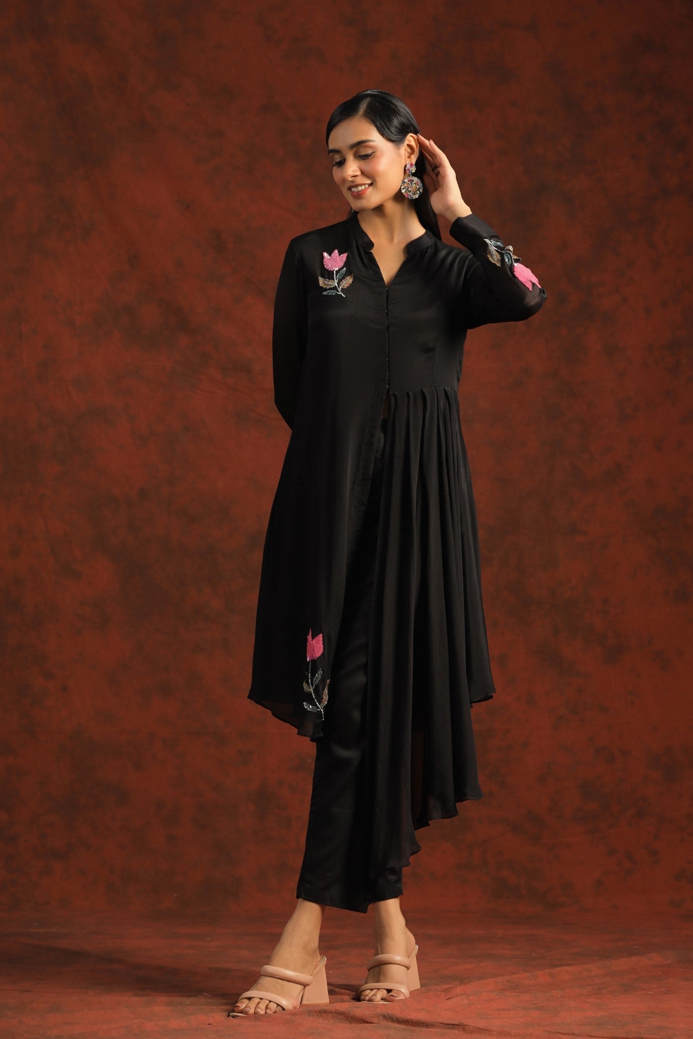 SummerFalling-Black Embelkished Chinon Chiffon Tunic Set