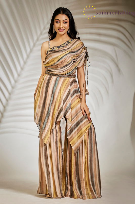 SummerFalling-Beige Striped Pure Chinnon Tunic with Sharara