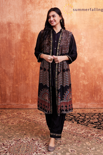 SummerFalling-Black Ajrakh Printed Habutai Silk Cape Co-Ord Set