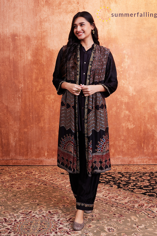 SummerFalling-Black Ajrakh Printed Habutai Silk Cape Co-Ord Set