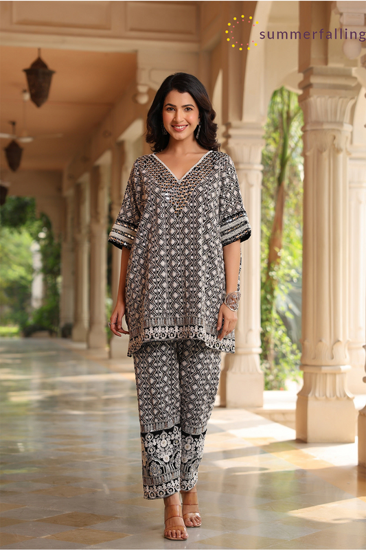 SummerFalling-Black Chic Chikankari Embroidered Kaftan Tunic Co-Ord Set