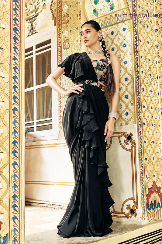 SummerFalling-Black Embellished Habutai Silk Draped Saree
