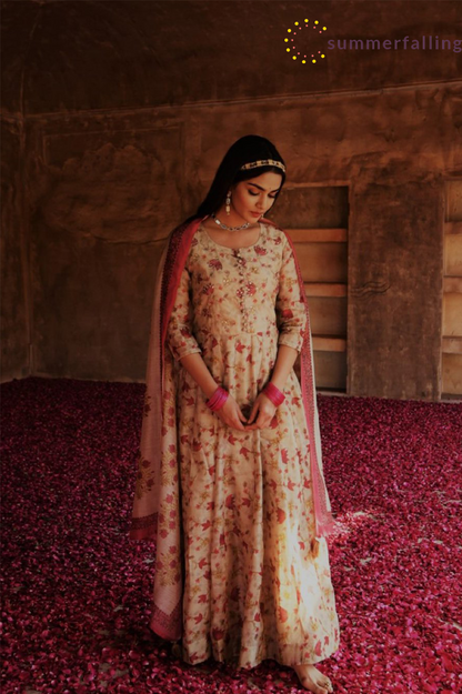 SummerFalling-Beige Ethnic Embellished Anarkali Set with Dupatta