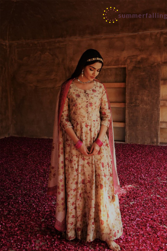 SummerFalling-Beige Ethnic Embellished Anarkali Set with Dupatta