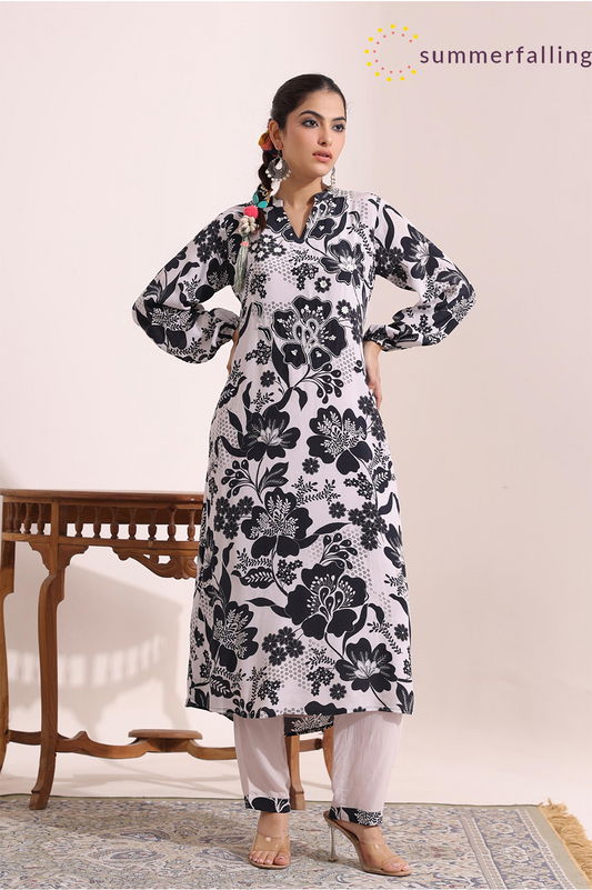 SummerFalling-Black & White Floral Printed Crepe Silk Pants Set