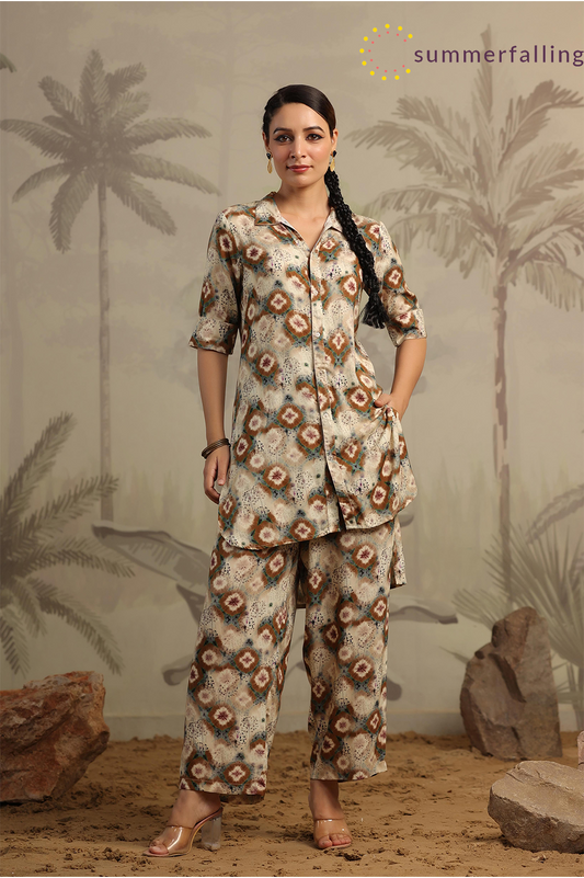 SummerFalling-Beige Shibori Printed Italian Silk Co-Ord Set