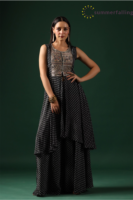 SummerFalling-Black Bandhani Embroidered Tunic & Palazzo